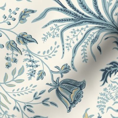 French Country Rooster Floral in soft blue and gold on ivory- horizontal rotation