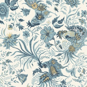 French Country Rooster Floral in soft blue and gold on ivory- horizontal rotation