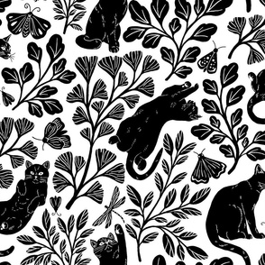 Cat's garden: playful cats amongst leaves and bugs in white, large