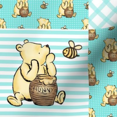 Bigger Scale Patchwork 6" Squares Classic Pooh in Bright Aqua Blue for Cheater Quilt or Blanket
