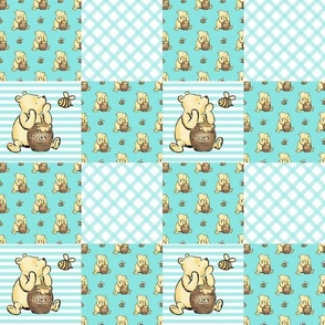 Smaller Patchwork 3" Squares Classic Pooh in Bright Aqua Blue for Cheater Quilt or Blanket