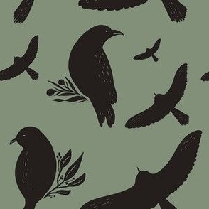 Moody Raven Block Print in Black and Olive Small