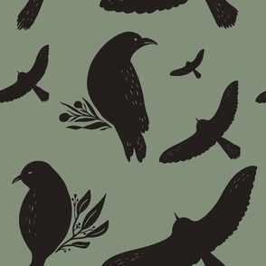 Moody Raven Block Print in Black and Olive Medium