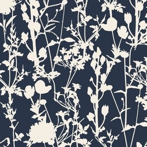 Small | Whimsical Magical Flower Field with Botanical Flowers in Monochromatic Ivory Off-White Cream on Dark Blue Deep Blue in Floral Farmhouse, Boho Country Home, Romantic Cottage Chic for Garden Tablecloth, Kitchen Wallpaper, Romantic Fabric