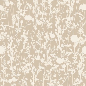 Small | Whimsical Magical Flower Field with Botanical Flowers in Monochromatic Ivory Off-White Cream on Latte Brown Light Beige in Floral Farmhouse, Boho Country Home, Romantic Cottage Chic for Garden Tablecloth, Kitchen Wallpaper, Romantic Fabric