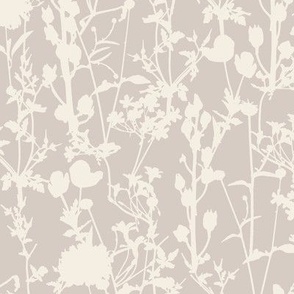 Small | Whimsical Magical Flower Field with Botanical Flowers in Monochromatic Ivory Off-White Cream on Light Taupe Greige Grey Beige in Floral Farmhouse, Boho Country Home, Romantic Cottage Chic for Garden Tablecloth, Kitchen Wallpaper, Romantic Fabric