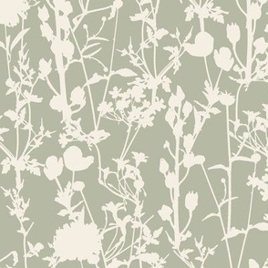 Small | Whimsical Magical Flower Field with Botanical Flowers in Monochromatic Ivory Off-White Cream on Light Olive Green Pastel Mint Green in Floral Farmhouse, Boho Country Home, Romantic Cottage Chic for Garden Tablecloth, Kitchen Wallpaper, Romantic Fa