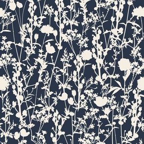 Whimsical Magical Flower Field with Botanical Flowers in Monochromatic Ivory Off-White Cream on Dark Blue Deep Blue in Floral Farmhouse, Boho Country Home, Romantic Cottage Chic for Garden Tablecloth, Kitchen Wallpaper, Romantic Fabric