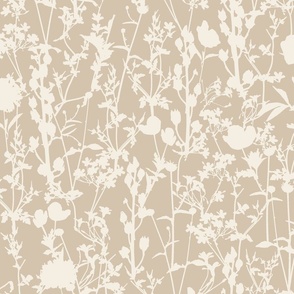Whimsical Magical Flower Field with Botanical Flowers in Monochromatic Ivory Off-White Cream on Latte Brown Light Beige in Floral Farmhouse, Boho Country Home, Romantic Cottage Chic for Garden Tablecloth, Kitchen Wallpaper, Romantic Fabric