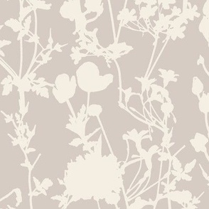 Whimsical Magical Flower Field with Botanical Flowers in Monochromatic Ivory Off-White Cream on Light Taupe Greige Grey Beige in Floral Farmhouse, Boho Country Home, Romantic Cottage Chic for Garden Tablecloth, Kitchen Wallpaper, Romantic Fabric
