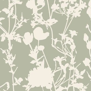 Whimsical Magical Flower Field with Botanical Flowers in Monochromatic Ivory Off-White Cream on Light Olive Green Pastel Mint Green in Floral Farmhouse, Boho Country Home, Romantic Cottage Chic for Garden Tablecloth, Kitchen Wallpaper, Romantic Fabric