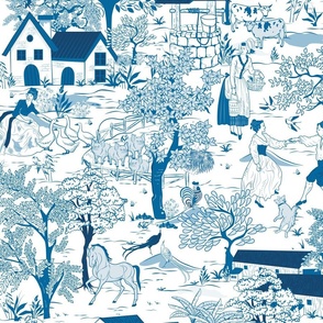 Vintage Farmland- French Toile Blue Large Scale 24''