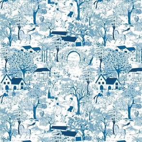 Vintage Farmland- French Toile Blue Small Scale 12''