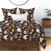 Watercolor Chicken Floral on Muted Black 24 inch Horizontal
