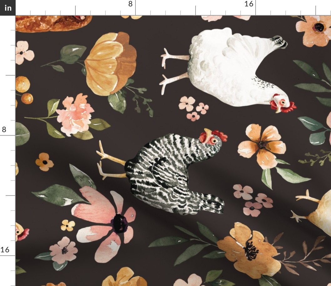Watercolor Chicken Floral on Muted Black 24 inch Horizontal