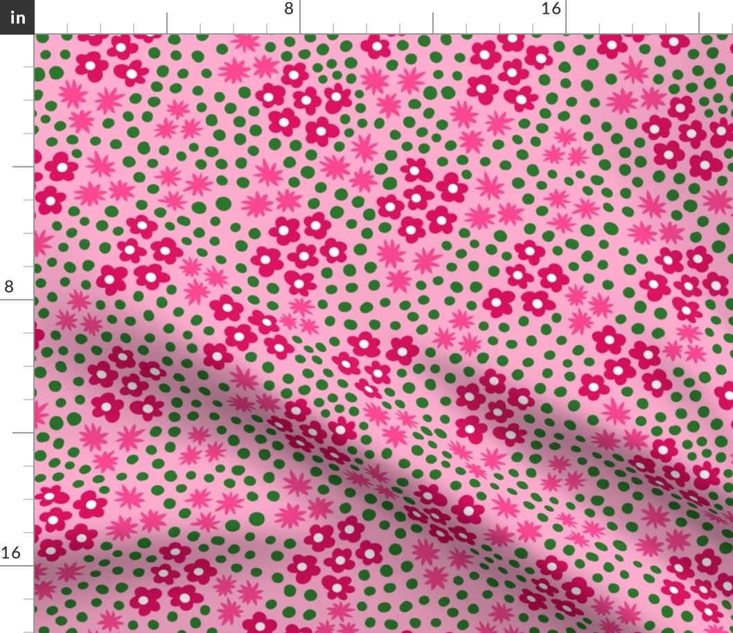 Ditsy Pink Flowers with Green Polka Dots 