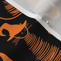small scale eclectic witch cat dark - orange on black duke cat - halloween cat fabric and wallpaper