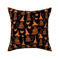 small scale eclectic witch cat dark - orange on black duke cat - halloween cat fabric and wallpaper