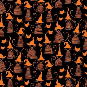 small scale eclectic witch cat dark - orange on black duke cat - halloween cat fabric and wallpaper