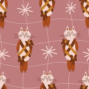 Medium  – vintage cat wrapped as a Christmas present on grid with snow – dusty and blush pink
