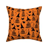 small scale eclectic witch cat - black on orange duke cat - halloween cat fabric and wallpaper