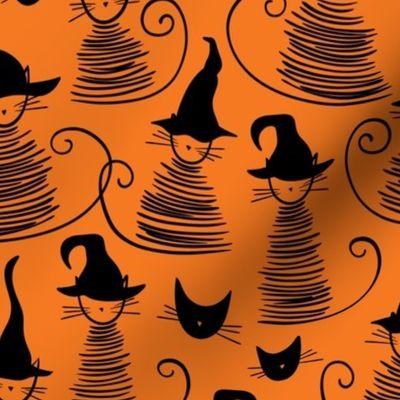 small scale eclectic witch cat - black on orange duke cat - halloween cat fabric and wallpaper