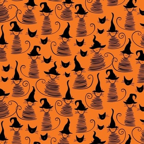 small scale eclectic witch cat - black on orange duke cat - halloween cat fabric and wallpaper