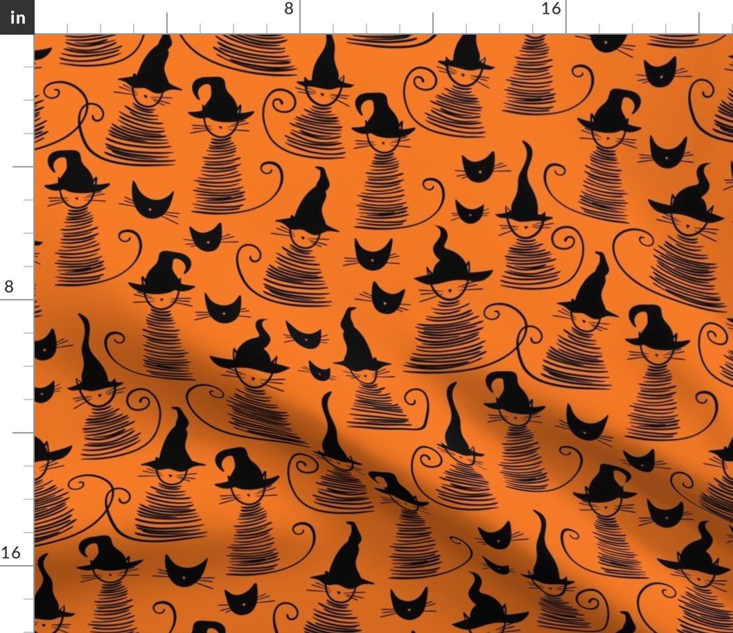 small scale eclectic witch cat - black on orange duke cat - halloween cat fabric and wallpaper