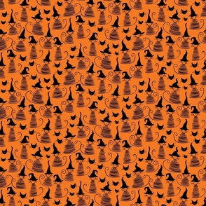 micro scale eclectic witch cat - black on orange duke cat - halloween cat fabric and wallpaper