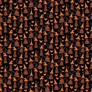 micro scale eclectic witch cat dark - orange on black duke cat - halloween cat fabric and wallpaper