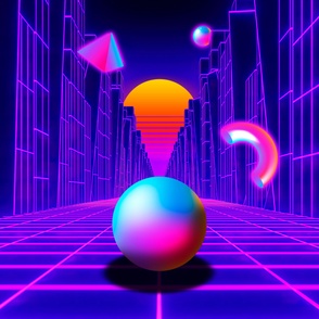 Neon sunset, trench and sphere - synthwave, vaporwave, cyberpunk