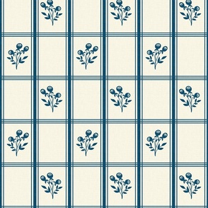 French Kitchen Plaid Floral - Blue - Linen Texture - Country Kitchen, Rustic