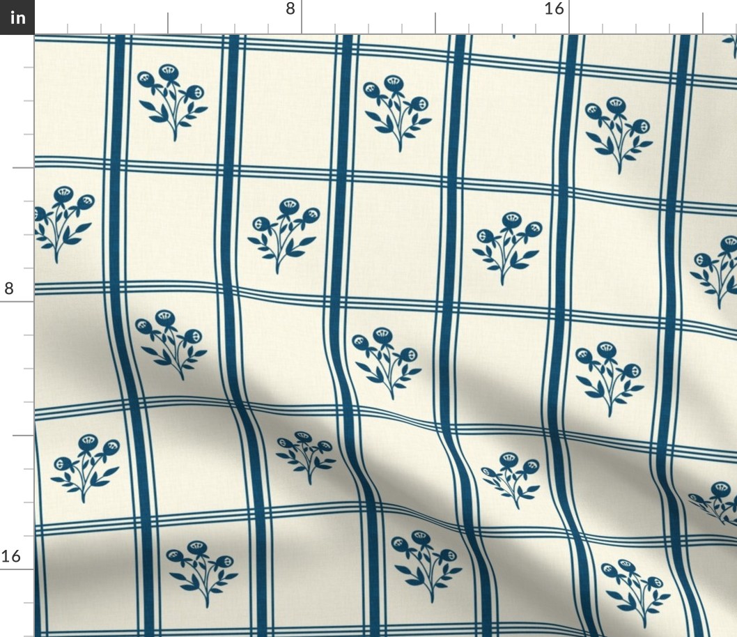 French Kitchen Plaid Floral - Blue - Linen Texture - Country Kitchen, Rustic