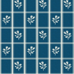 French Kitchen Plaid Floral - Blue Reverse - Linen Texture - Country Kitchen, Rustic