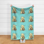 18x18 Panel Classic Pooh and Hunny Pot on Bright Aqua Blue for DIY Throw Pillow Cushion Cover or Lovey