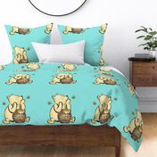 18x18 Panel Classic Pooh and Hunny Pot on Bright Aqua Blue for DIY Throw Pillow Cushion Cover or Lovey