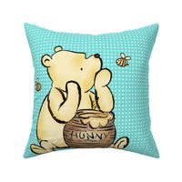 18x18 Panel Classic Pooh and Hunny Pot on Bright Aqua Blue for DIY Throw Pillow Cushion Cover or Lovey