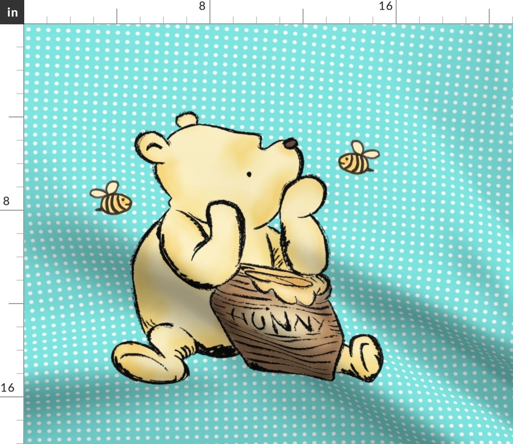 18x18 Panel Classic Pooh and Hunny Pot on Bright Aqua Blue for DIY Throw Pillow Cushion Cover or Lovey