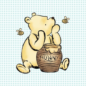 18x18 Panel Classic Pooh and Hunny Pot Bright Aqua Blue Dots on White for DIY Throw Pillow Cushion Cover or Lovey