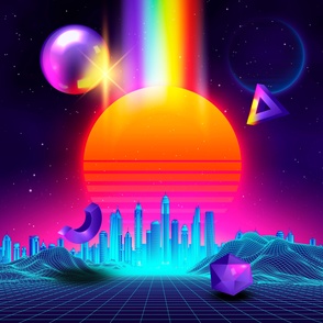 Neon sunset, city and sphere - synthwave, vaporwave, cyberpunk