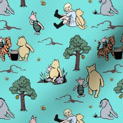 Smaller Scale Classic Pooh Story Sketches on Bright Aqua Blue