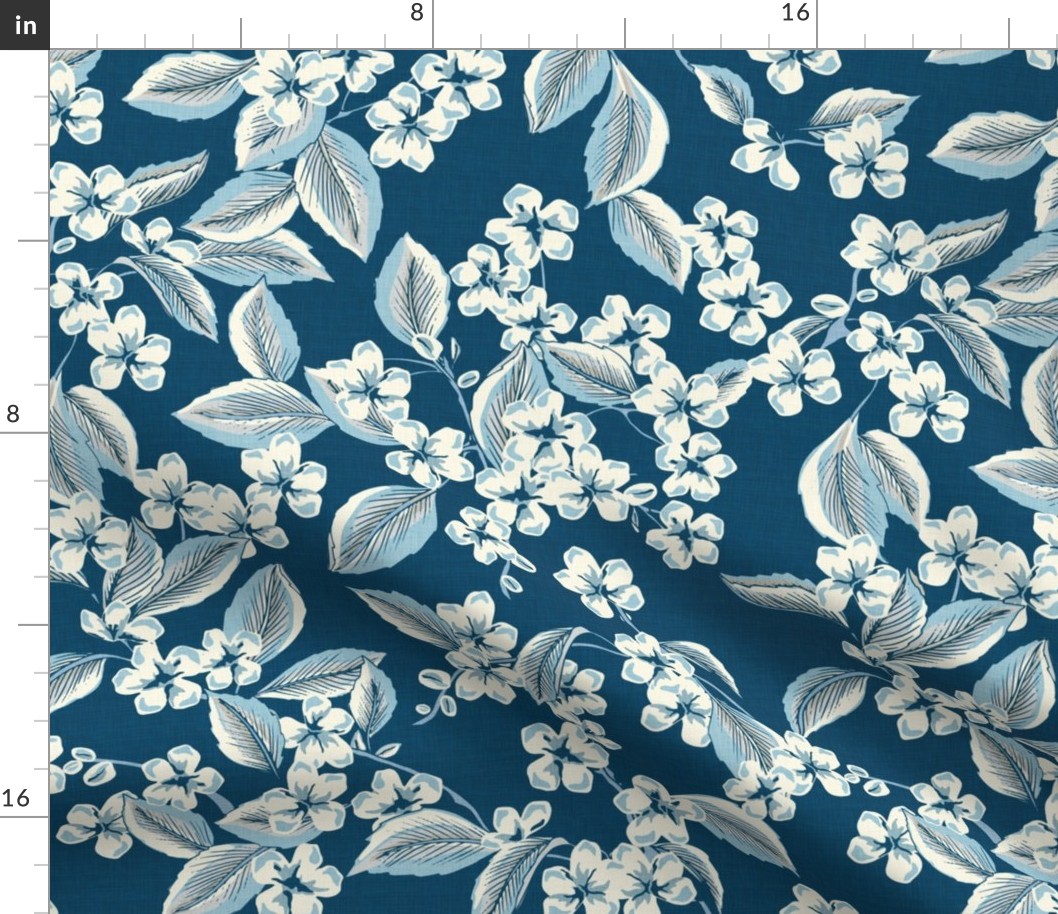 Cherry Flowers - Large - Blue - Linen Texture - French Country Kitchen