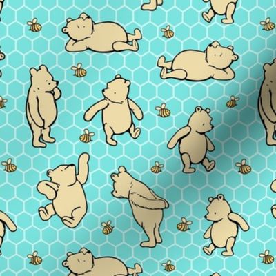 Smaller Scale Classic Pooh and Bees on Bright Aqua Blue Honeycomb