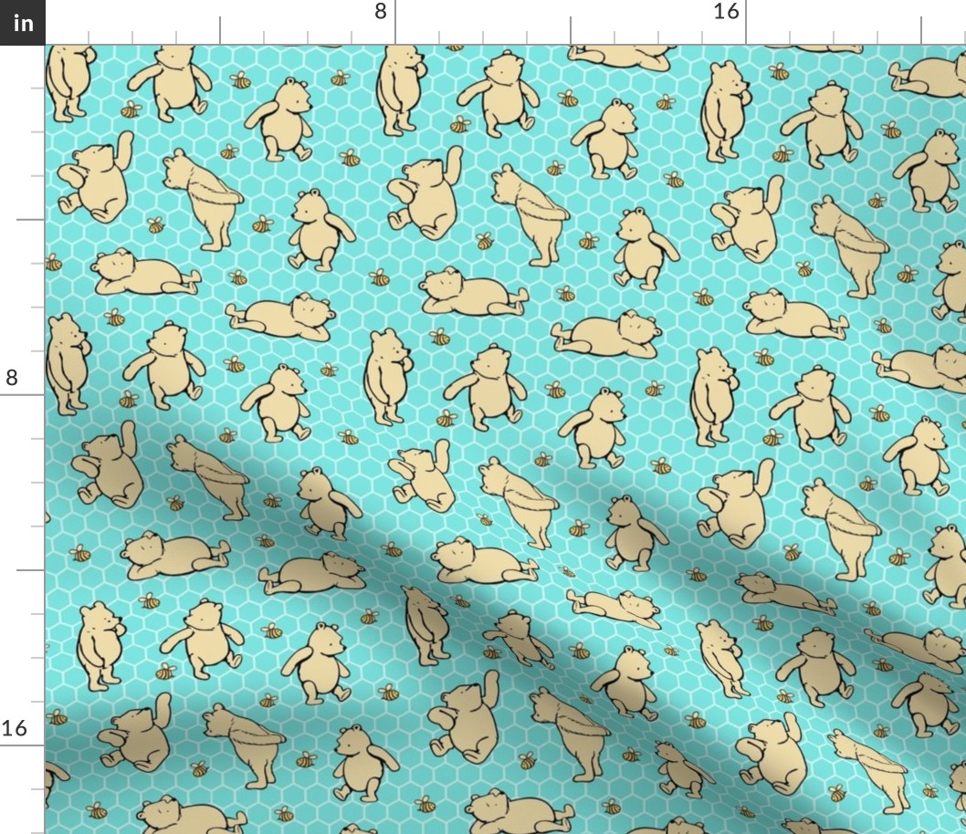 Smaller Scale Classic Pooh and Bees on Bright Aqua Blue Honeycomb