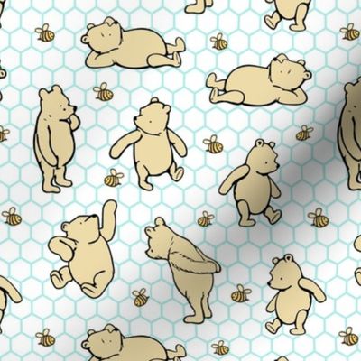Smaller Scale Classic Pooh and Bees on Bright Aqua Blue and White Honeycomb