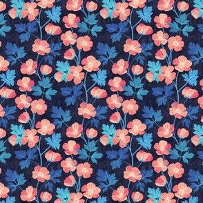Coral Pink and Blue Floral on Dark Textured Background - small