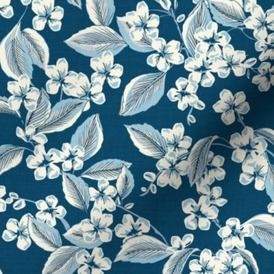Cherry Flowers - Medium - Blue - Linen Texture - French Country Kitchen