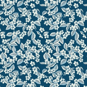 Cherry Flowers - Medium - Blue - Linen Texture - French Country Kitchen