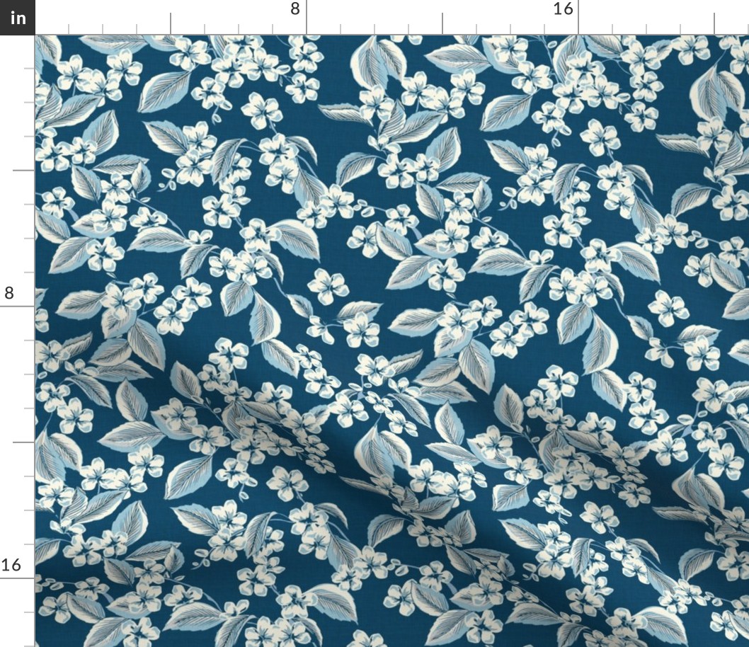 Cherry Flowers - Medium - Blue - Linen Texture - French Country Kitchen