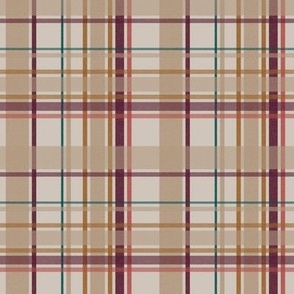 Small - Luxury linen look Autumnal Plaid - Beige and Burgundy